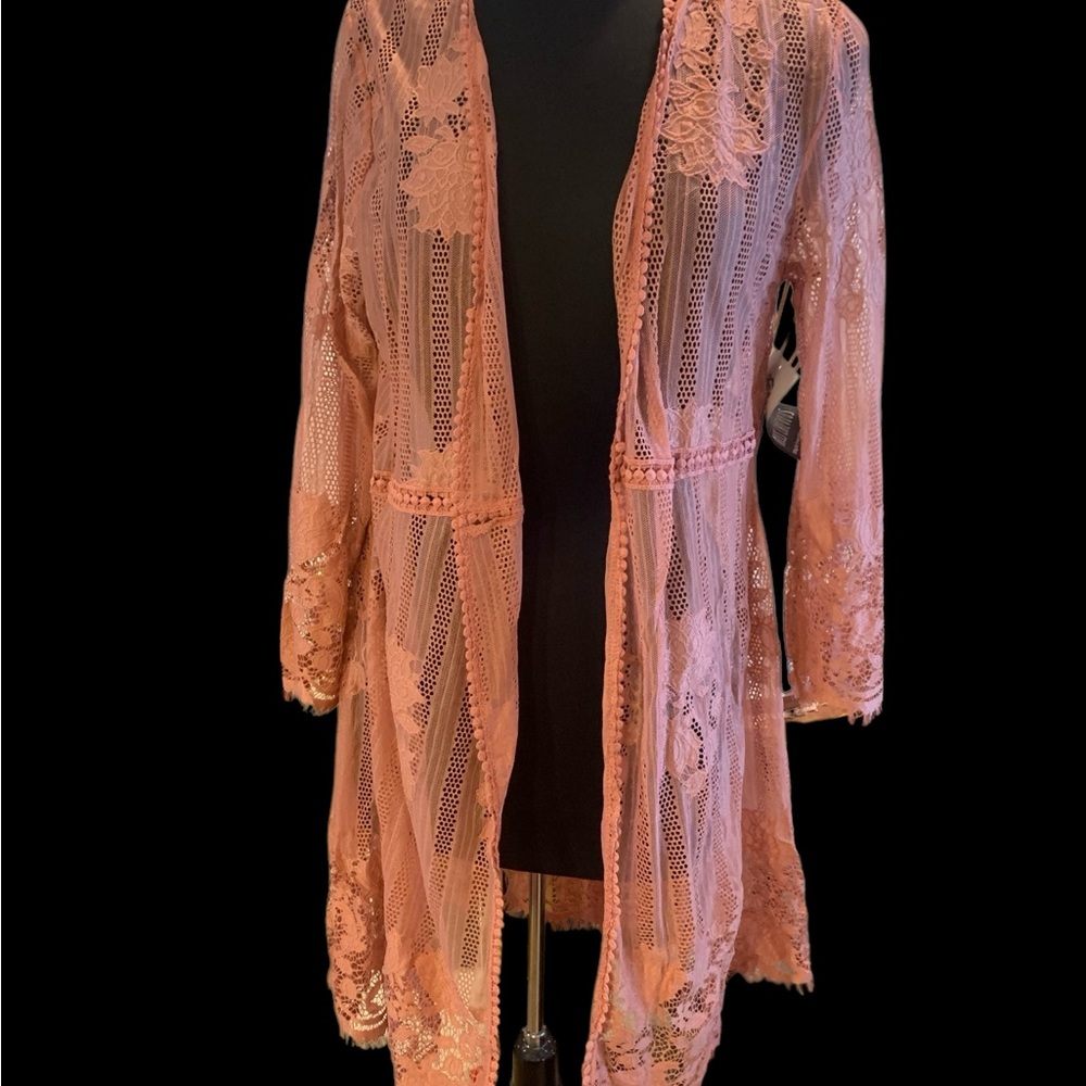 Lace Open-Front Duster Jacket - Blush Pink